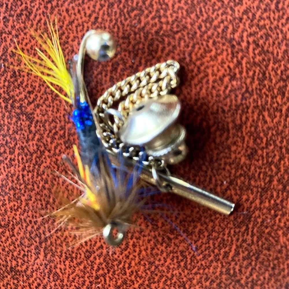 Vintage Fly Fishing Lure Tie Tack – Hand Tied Trout Fly Tie Tac w/ Chain –